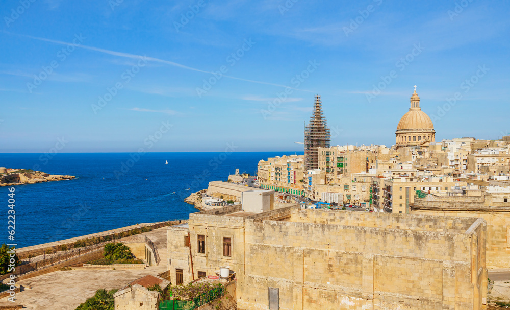 View of Valletta, Malta island, Europe. Old city and Mediterranean sea