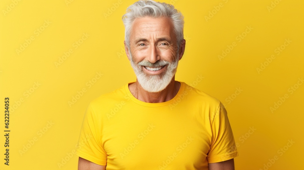 Happy mature old bearded man, smiling cool mid aged gray haired older senior hipster wearing yellow t-shirt standing isolated on yellow background looking at camera, close up headshot Happy mature old bearded man, smiling cool mid aged gray haired older senior hipster wearing yellow t-shirt standing isolated on yellow background looking at camera, close up headshot