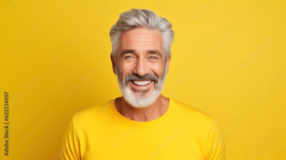 Obraz premium Happy mature old bearded man, smiling cool mid aged gray haired older senior hipster wearing yellow t-shirt standing isolated on yellow background looking at camera, close up headshot, generative ai