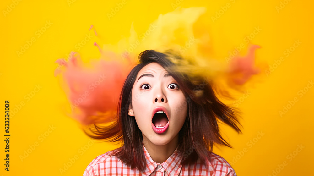 Vibrant, amusing capture of an Asian woman caught in unexpected strong wind. Exhibits surprise and chaos on colorful studio backdrop. Generative AI