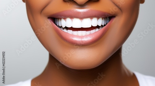 Happy isolated African American female smiling for tooth, mouth or gum and oral hygiene. Black woman, teeth and smile for dental care, whitening or healthcare, generative ai