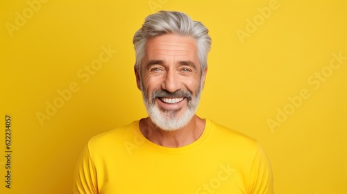 Happy mature old bearded man, smiling cool mid aged gray haired older senior hipster wearing yellow t-shirt standing isolated on yellow background looking at camera, close up headshot, generative ai