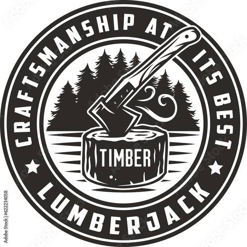 Logo, emblem with sharp axe of lumberjack and axeman. Hatchet or ax for woodworker and logger. Chop tool for print design photo