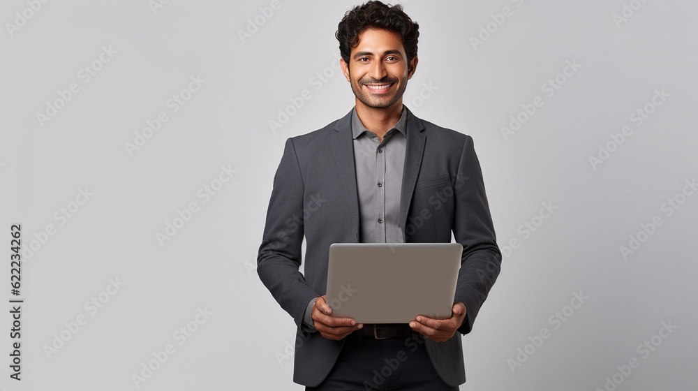 smiling indian business man employee or manager standing isolated on gray background holding laptop advertising online products, business trainings and webinars, websites or services, generative ai smiling indian business man employee or manager standing isolated on gray background holding laptop advertising online products, business trainings and webinars, websites or services, generative ai