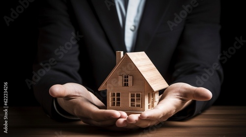 Close up of businessman holding house model in hands. Real estate concept. Generative AI.
