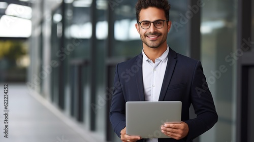 Happy smiling indian business man employee or manager standing isolated on gray background holding laptop advertising online products, business trainings and webinars, generative ai photo