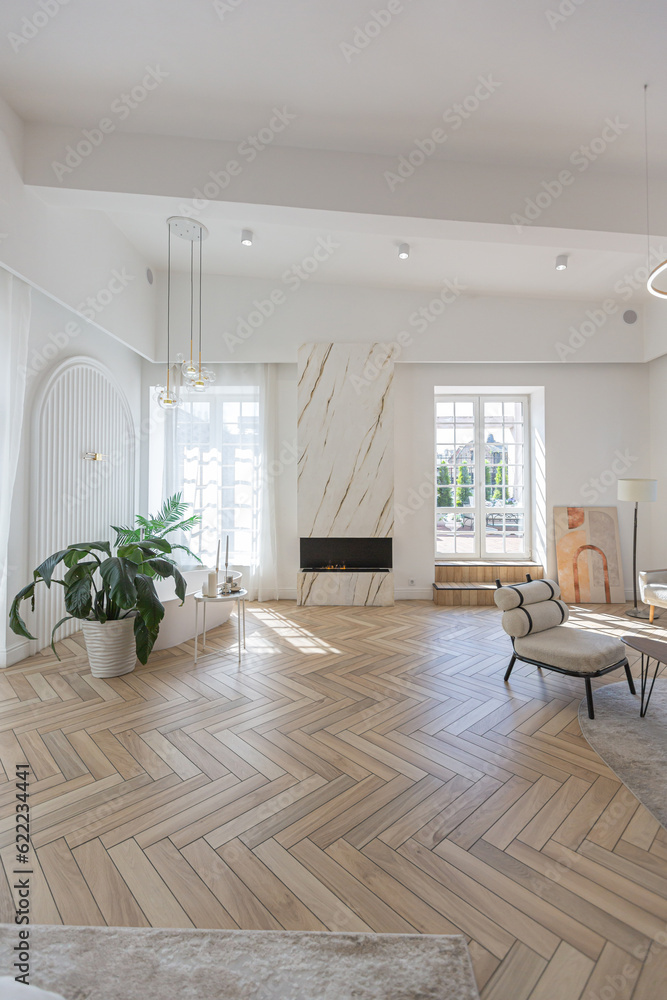 Fototapeta premium spacious open-plan apartment with stylish modern bright design, dressing area, bedroom, living room and bathroom on a sunny day