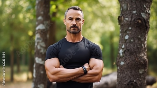 Man, outdoor and arms crossed portrait in a park for fitness, workout and athlete training. Male person, mature and wellness in nature with mockup and confidence in a forest for sport, generative ai © WS Studio 1985