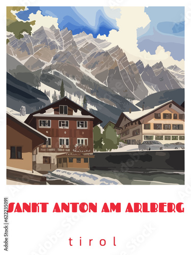 Sankt Anton am Arlberg: Retro tourism poster with a Austrian landscape and the headline Sankt Anton am Arlberg / Tirol