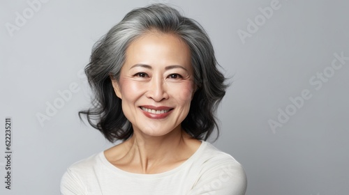 Portrait of gorgeous happy middle aged mature asian woman, senior older 50 year lady looking at camera touching her face isolated on white. Ads of lifting anti wrinkle skin care, spa, generative ai