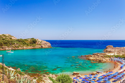 Fototapeta Naklejka Na Ścianę i Meble -  Sea view and beach in Ladiko bay, Rhodes island, Greece, Europe