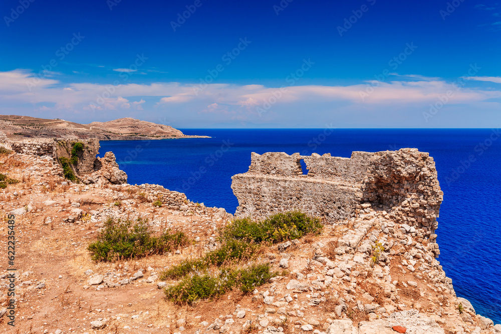 Sea skyview landscape photo from Feraklos castle near Agia Agathi beach on Rhodes island, Dodecanese, Greece. Panorama with sand beach and clear blue water. Famous tourist destination in South Europe