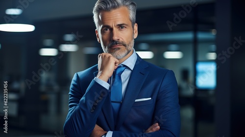 Serious confident middle aged businessman, thoughtful doubtful company ceo executive wearing blue suit standing in office holding hand in chin looking at camera thinking, generative ai