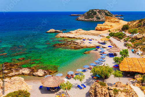 Sea skyview landscape photo of picturesque beach near Stegna and Archangelos on Rhodes island, Dodecanese, Greece. Panorama with sand and clear blue water. Famous tourist destination in South Europe photo