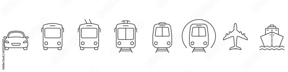 Vehicle Transport Line Icon Set. Bus, Car, Train, Plane, Ship, Tram Linear Pictogram. Traffic Sign Collection. Public Transportation Symbol. Editable Stroke. Isolated Vector Illustration Vehicle Transport Line Icon Set. Bus, Car, Train, Plane, Ship, Tram Linear Pictogram. Traffic Sign Collection. Public Transportation Symbol. Editable Stroke. Isolated Vector Illustration
