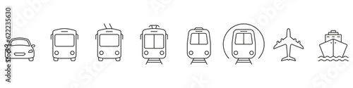 Vehicle Transport Line Icon Set. Bus, Car, Train, Plane, Ship, Tram Linear Pictogram. Traffic Sign Collection. Public Transportation Symbol. Editable Stroke. Isolated Vector Illustration