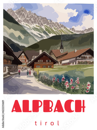 Alpbach: Retro tourism poster with a Austrian landscape and the headline Alpbach / Tirol