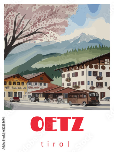 Oetz: Retro tourism poster with a Austrian landscape and the headline Oetz / Tirol