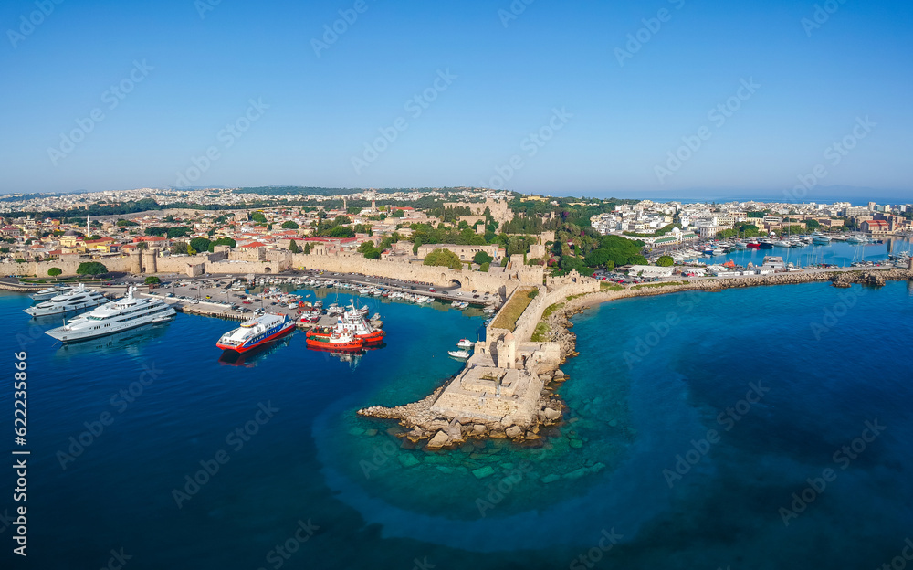 Summer aerial view of city port and fort Rhodes island, Greece, Europe