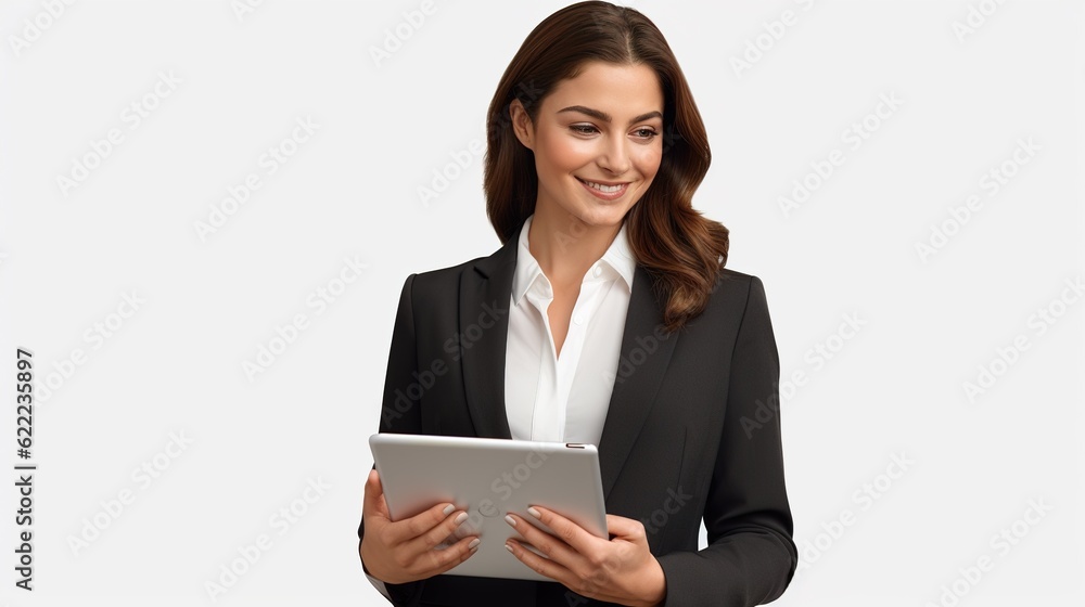 Tablet, happy portrait and a business woman or a professional with internet for research or email. Female corporate worker isolated on a transparent, png background for social media, generative ai Tablet, happy portrait and a business woman or a professional with internet for research or email. Female corporate worker isolated on a transparent, png background for social media, generative ai