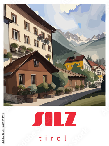 Silz: Retro tourism poster with a Austrian landscape and the headline Silz / Tirol