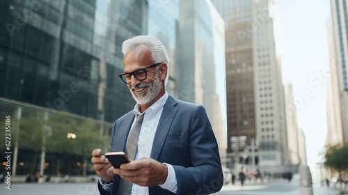 Stylish classy older mature adult professional business man, senior old bearded businessman executive holding smartphone, using mobile tech on cell phone standing outside big city, generative ai photo