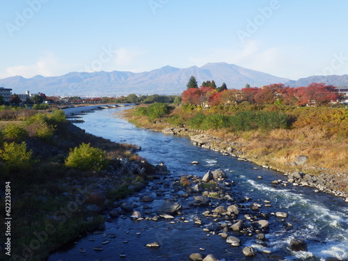 秋の千曲川と浅間山