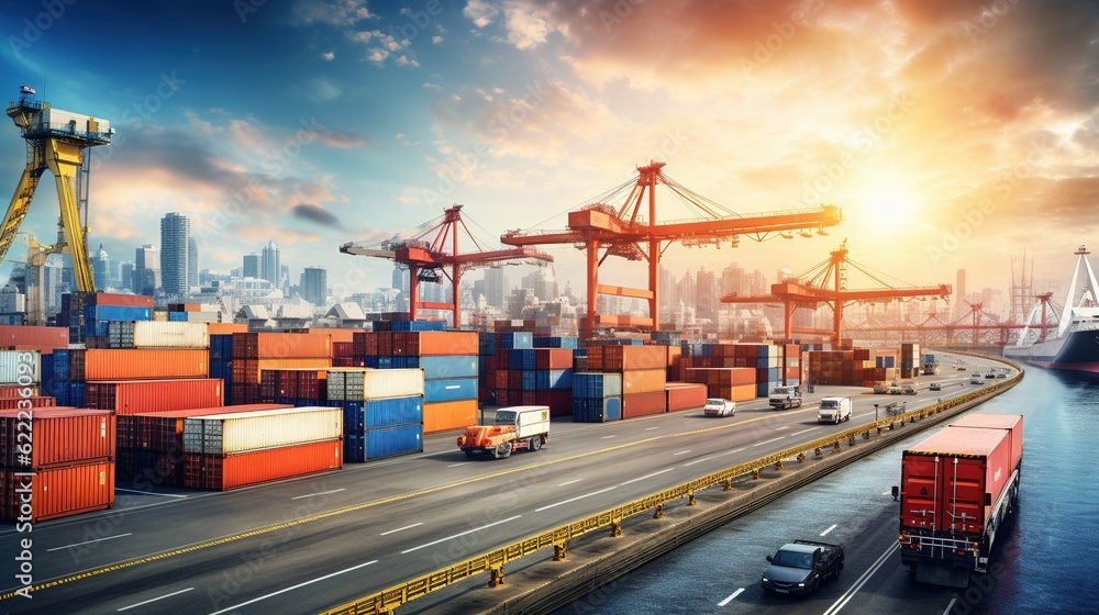 Transportation Logistics Import-Export and Container Cargo Freight Background: Ship, freight train, cargo airplane, container truck at industrial port dock yard, generative ai - obrazy, fototapety, plakaty 