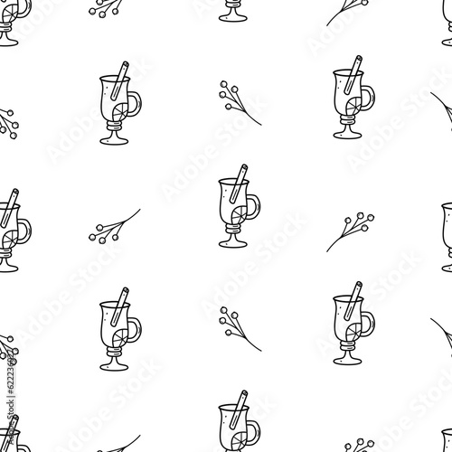 Seamless Pattern Mulled wine in a glass. Christmas hot drink. Vector illustration cartoon style