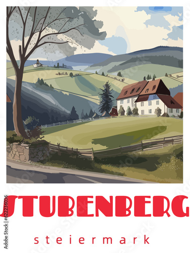 Stubenberg: Retro tourism poster with a Austrian landscape and the headline Stubenberg / Steiermark photo