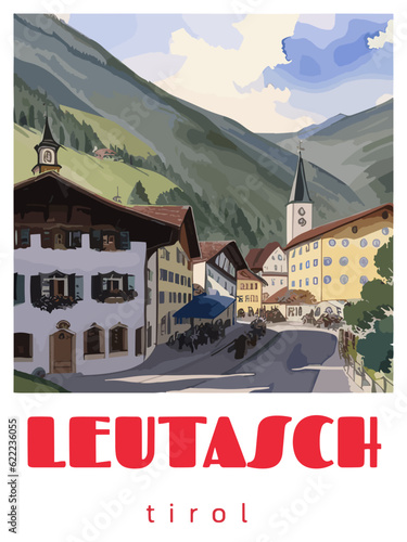 Leutasch: Retro tourism poster with a Austrian landscape and the headline Leutasch / Tirol