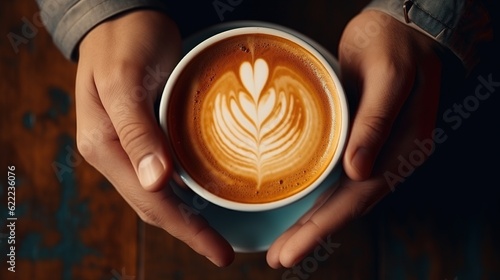 Top view person, hands and drinking coffee in cafe, restaurant and local small business for break, rest or weekend, warm or hot cup with cappuccino, generative ai