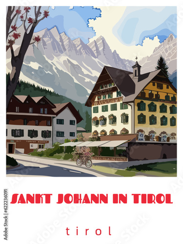 Sankt Johann in Tirol: Retro tourism poster with a Austrian landscape and the headline Sankt Johann in Tirol / Tirol