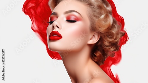 Woman, red lipstick and beauty makeup in cosmetics or skincare Face of female person or model with facial product or color in confidence, self love or care, at white background, generative ai photo