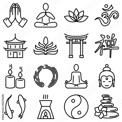 Buddhism thin line icons set: yoga, meditation, Buddha, Yin-Yang, candles, Aum letter, aromatherapy, pagoda, temple. Modern vector illustration.
