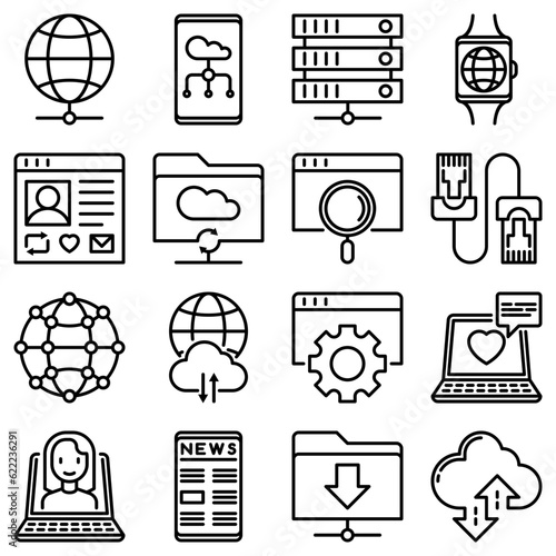 Information technology thin line icons set: social network, system backup, search, LAN network, connection, API, feedback, video call, online news, downloads, cloud data. Modern vector illustration.