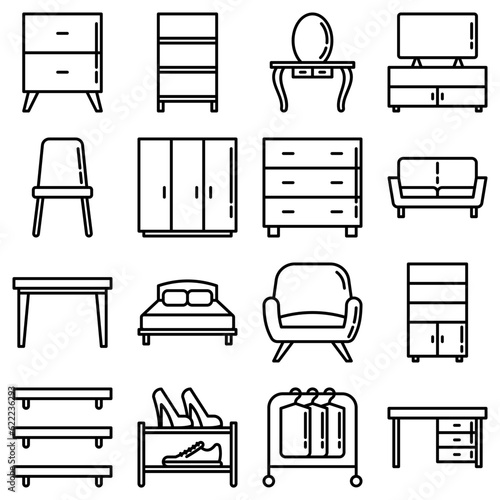 Furniture thin line icons set: dressing table, sofa, armchair, wardrobe, chair, table, bookcase, bad, clothes rack, desk, wall shelves. Elements of interior. Modern vector illustration.