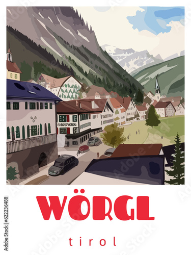 Wörgl: Retro tourism poster with a Austrian landscape and the headline Wörgl / Tirol