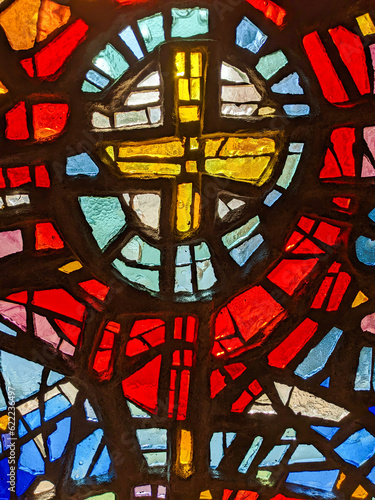 Fototapete Window in the church, stained glass, colored mosaic in the form of a cross