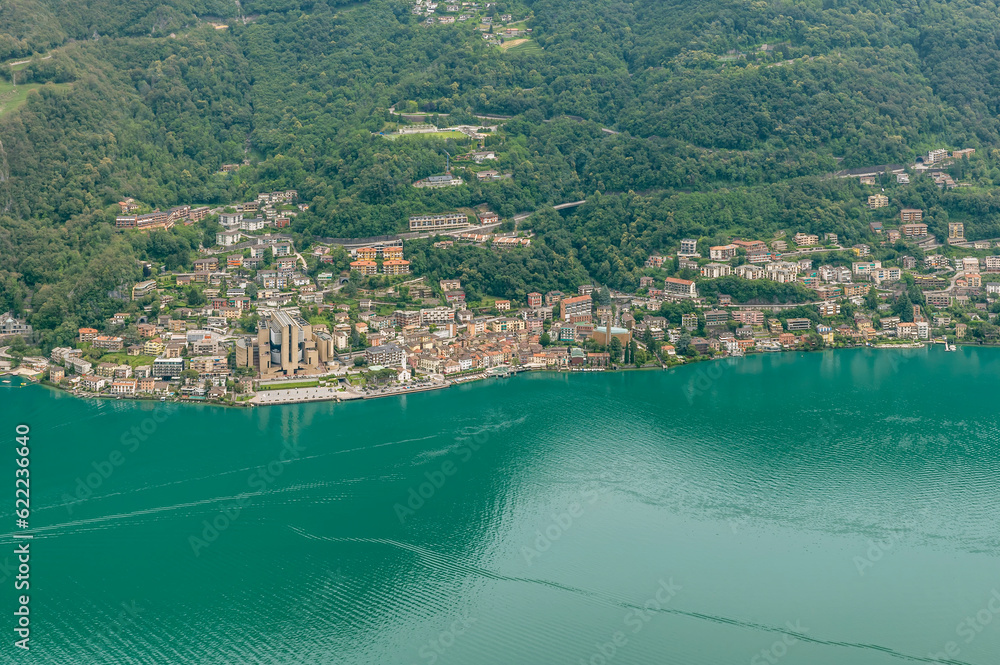 Panoramic aerial view of Campione d'Italia, and Lake Lugano