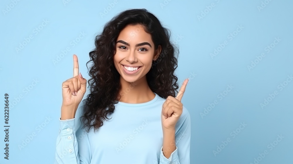 Young happy latin woman student showing ok hand okay sign winking isolated on blue background. Smiling female model advertising sale offer presenting promotion recommending discounts, generative ai Young happy latin woman student showing ok hand okay sign winking isolated on blue background. Smiling female model advertising sale offer presenting promotion recommending discounts, generative ai