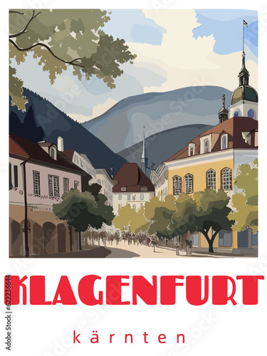 Klagenfurt: Retro tourism poster with a Austrian landscape and the headline Klagenfurt / Kärnten