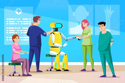 Robot and medical team. Medical student training robot. Teaching how to take a pulse at the neck, wrists. Vector illustration in flat cartoon style.