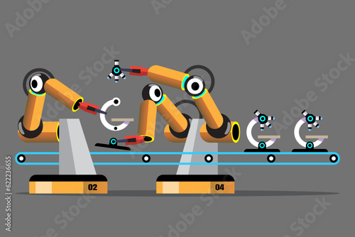 Medical equipment assembly robot in the medical industry. Robot manipulator on the conveyor belt. Vector illustration.