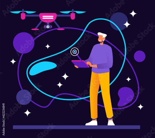 Male operating drone with remote control. Virtual reality, modern technologies. Remote control, programs that modulate another world. Flat vector illustration with dark background