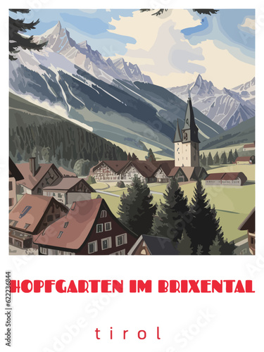 Hopfgarten im Brixental: Retro tourism poster with a Austrian landscape and the headline Hopfgarten im Brixental / Tirol