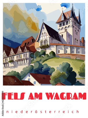 Fels am Wagram: Retro tourism poster with a Austrian landscape and the headline Fels am Wagram / Niederösterreich photo