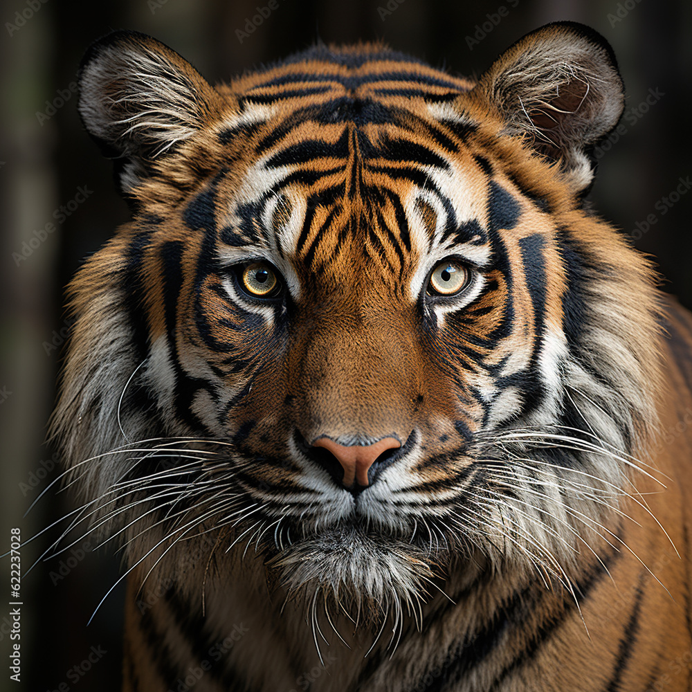 Fototapeta premium Whild Tigerat adark background, close up , generative ai