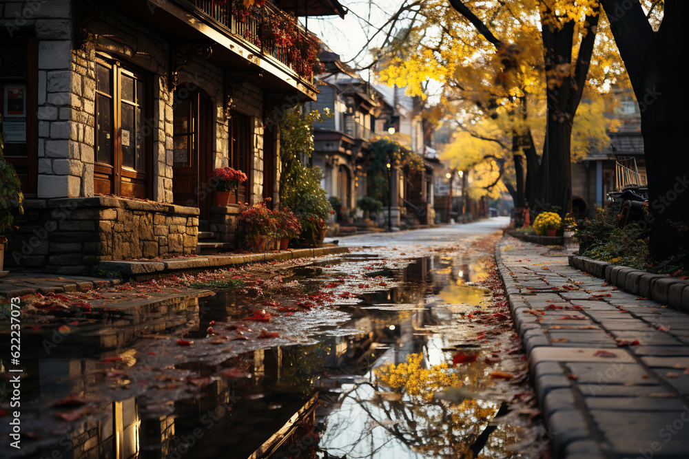 Autumn season cocnept with bright falling leaves, rain puddle at street ai generative