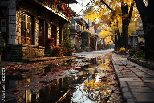 Autumn season cocnept with bright falling leaves, rain puddle at street ai generative